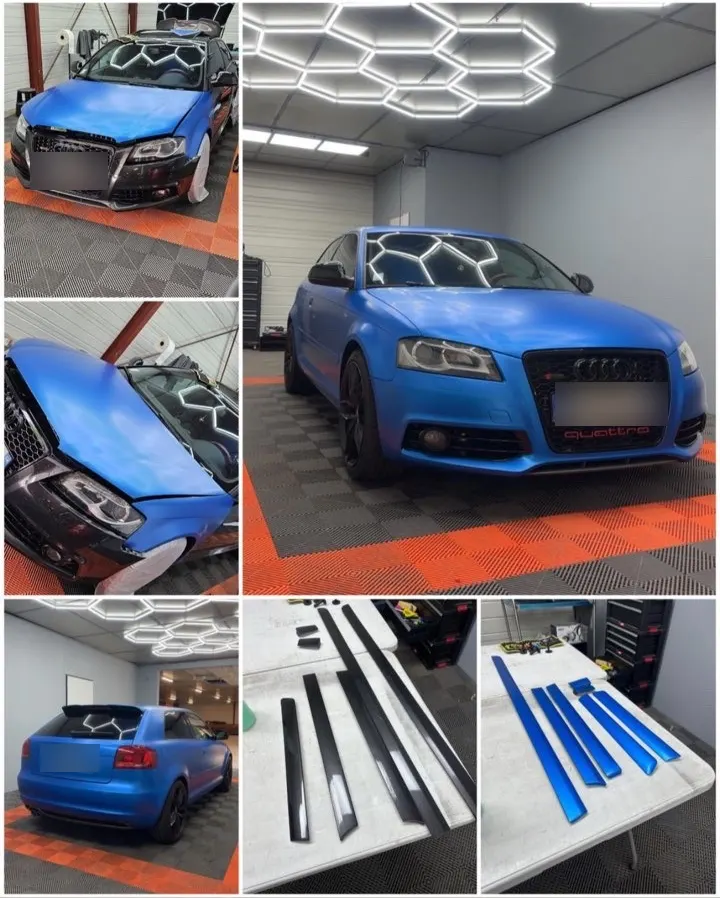 Audi A3 recouverte d'un film bleu mat, baguettes comprises