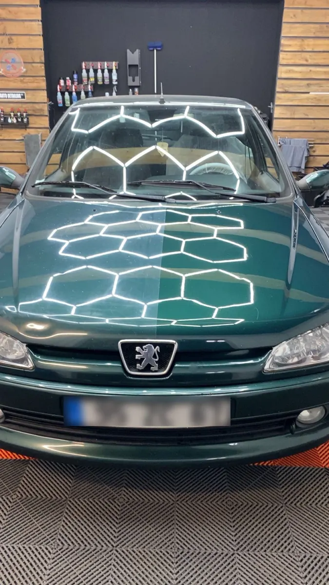 Capot de Peugeot 306 verte à moitié lustré, reflets nets d'un côté